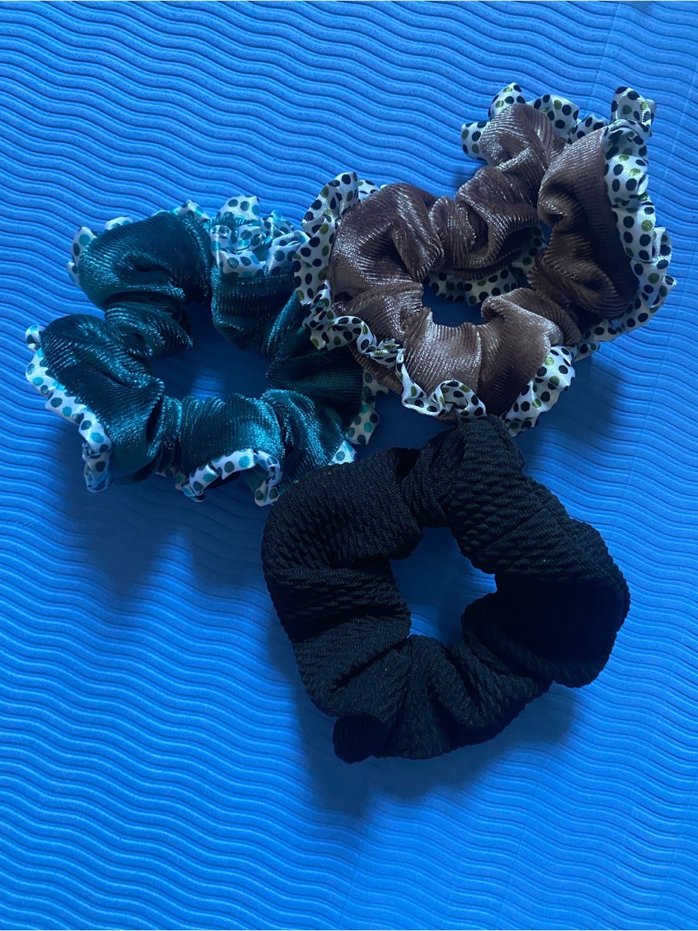 3-Pack Women's Satin and Knit Scrunchies - Teal, Brown, Black